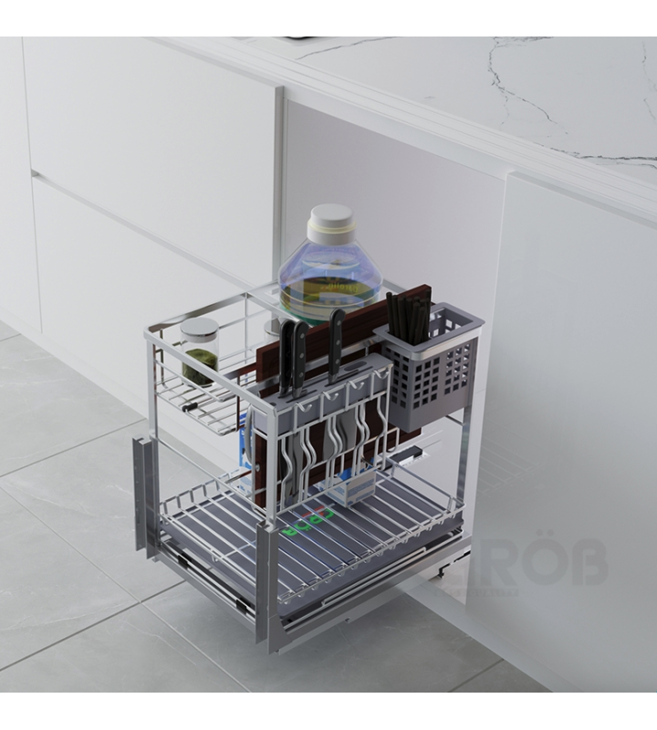 Kệ Đựng Dao Thớt Mix Oval GRÖB Inox SUS304 Xước Mờ – Ray Âm Giảm Chấn